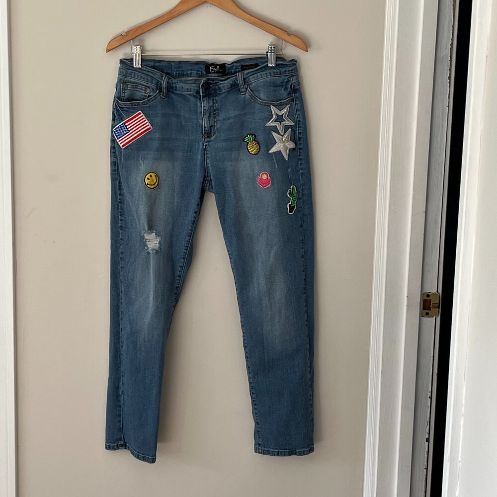 Earl Jeans y2k vibes with patches American Flag Smiley Face Size 10 Stretch